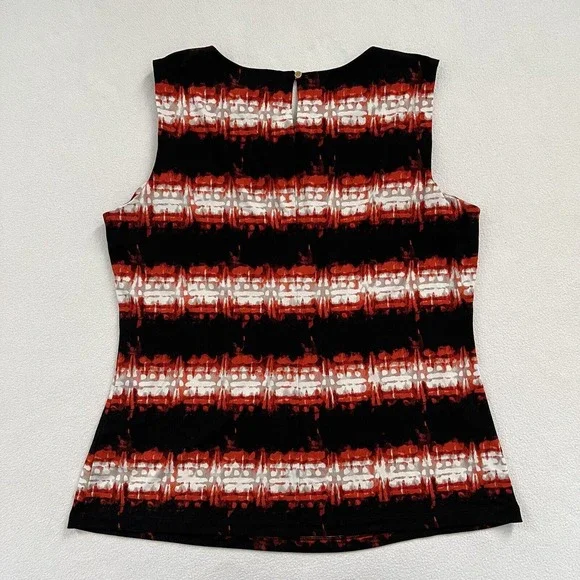 Calvin Klein Red Black Abstract Stripe Print Pleated Neckline Sleeveless Top XL - Picture 7 of 7